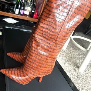 Fashion Nova Croc-Embossed Pointed-Toe Knee Boots in Cognac